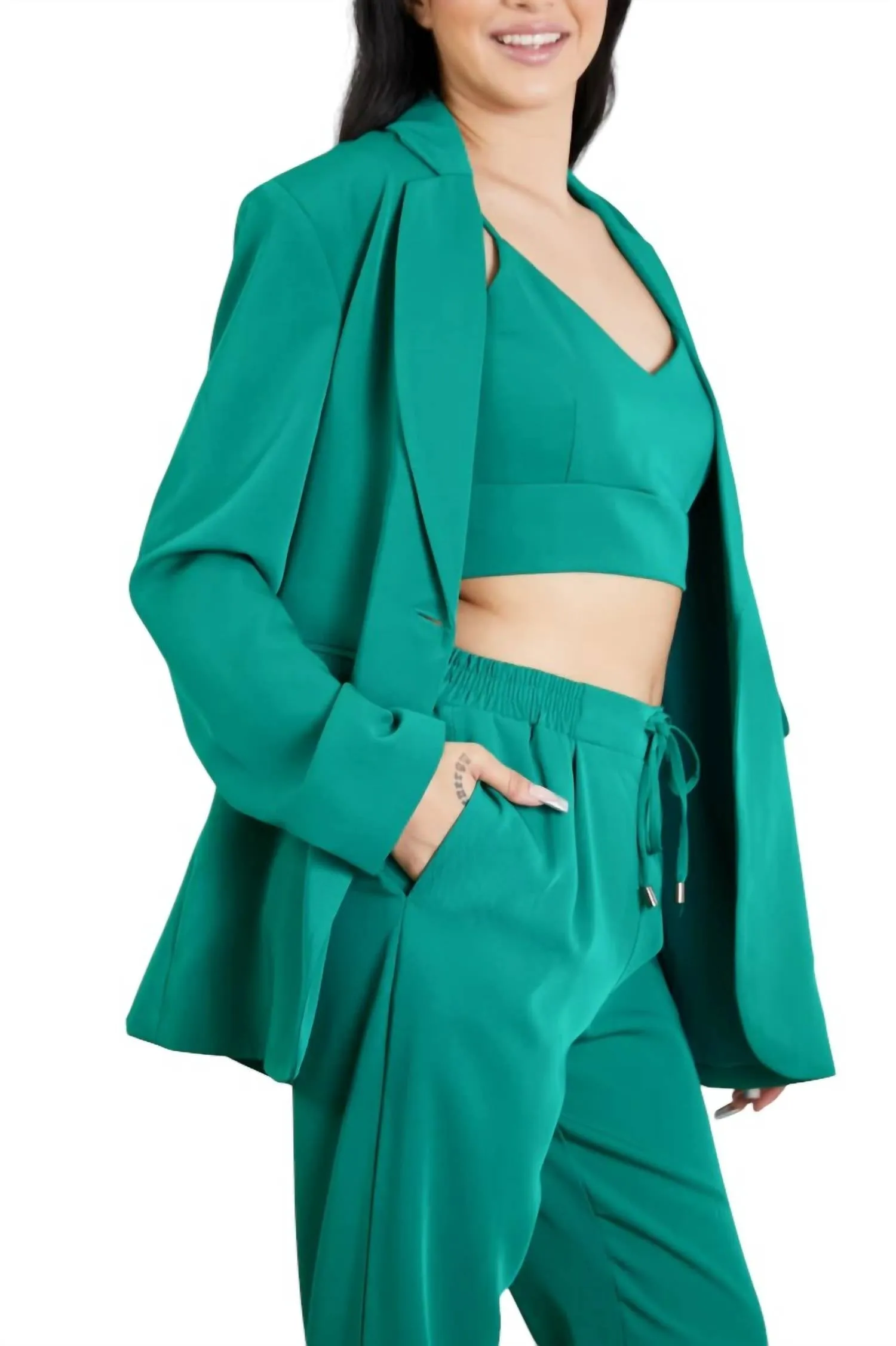3-Piece Bra, Blazer And Pant Set In Kelly Green