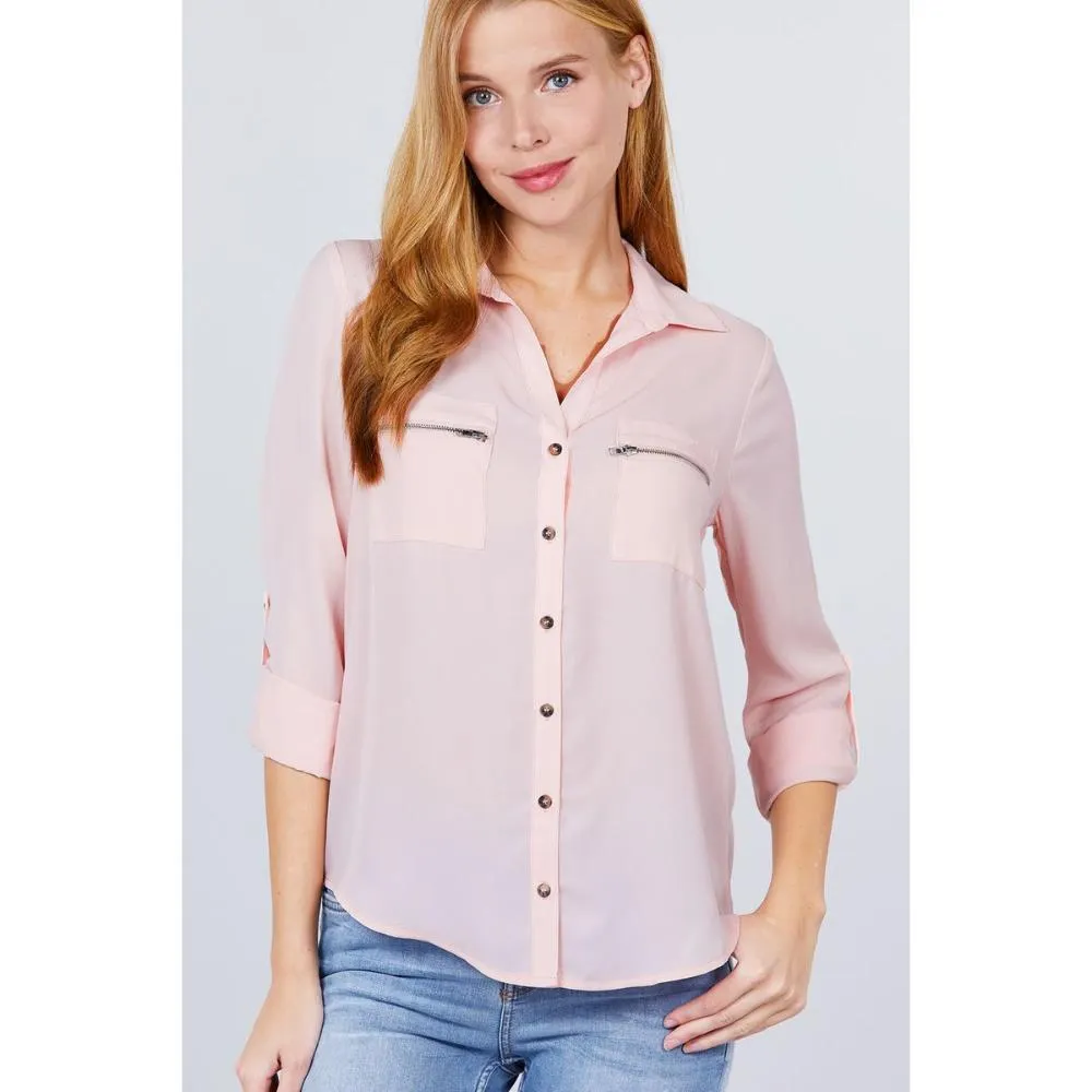 3/4 Roll Up Sleeve Pocket W/zipper Detail Woven Blouse
