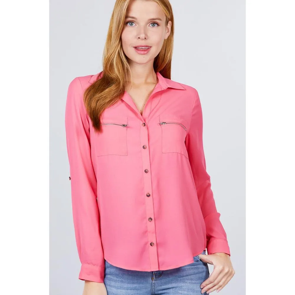 3/4 Roll Up Sleeve Pocket W/zipper Detail Woven Blouse