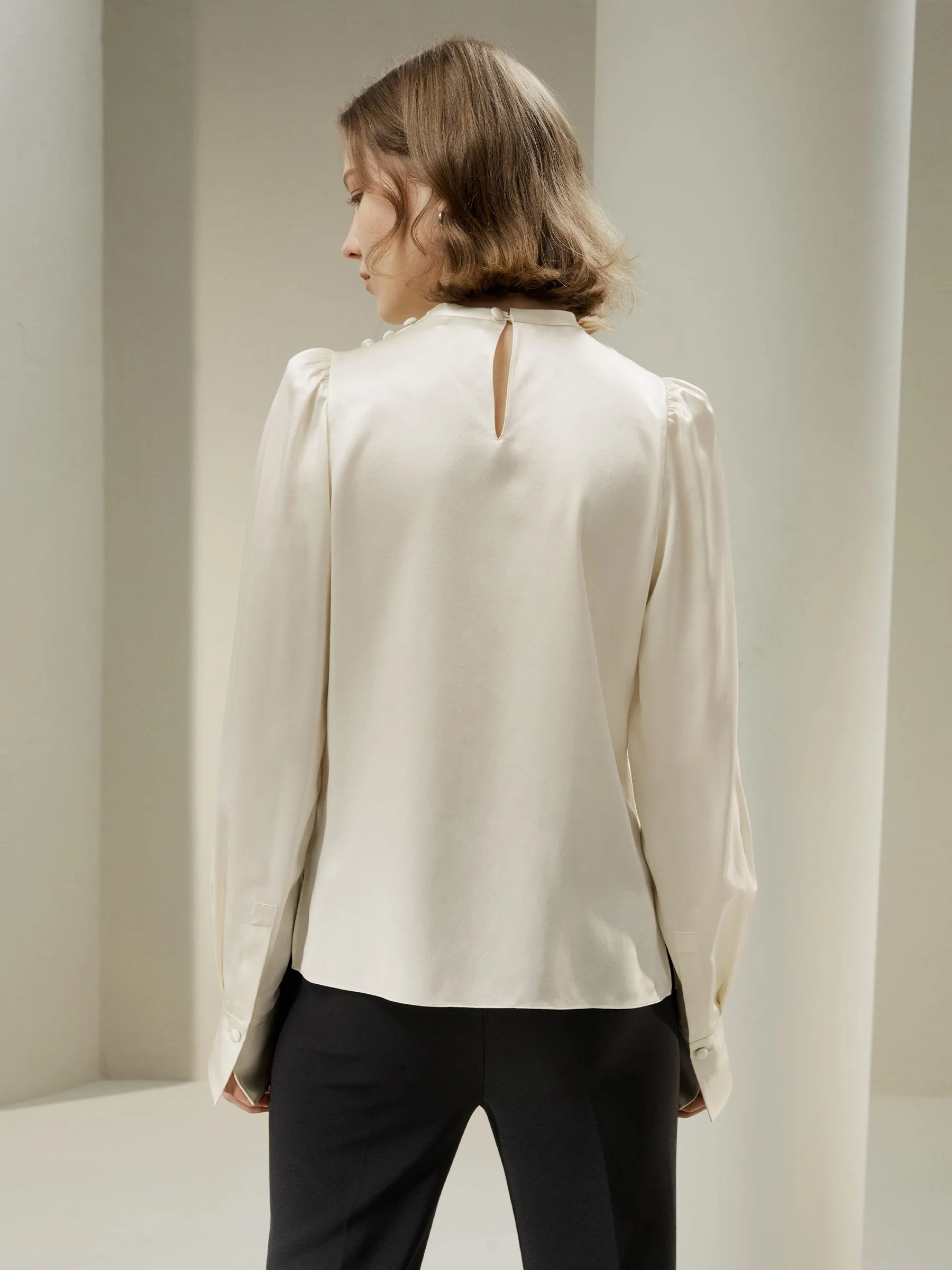 Asymmetrical Silk Blouse with Puff Sleeves for Women