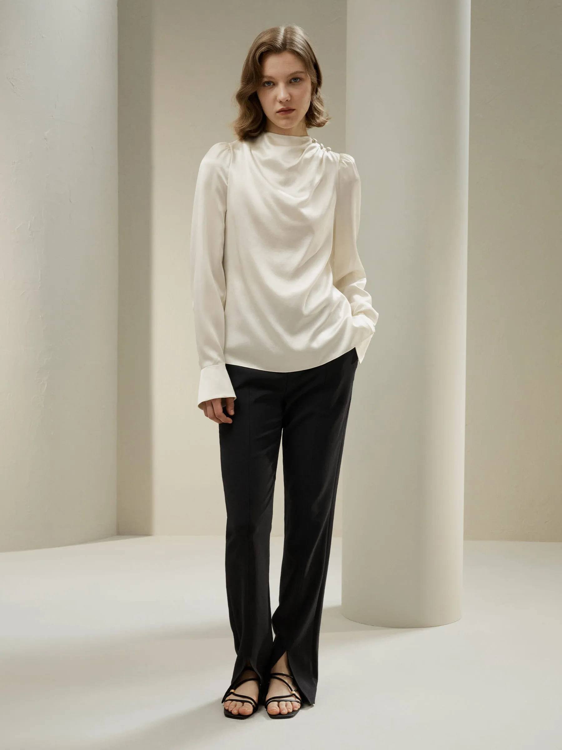 Asymmetrical Silk Blouse with Puff Sleeves for Women