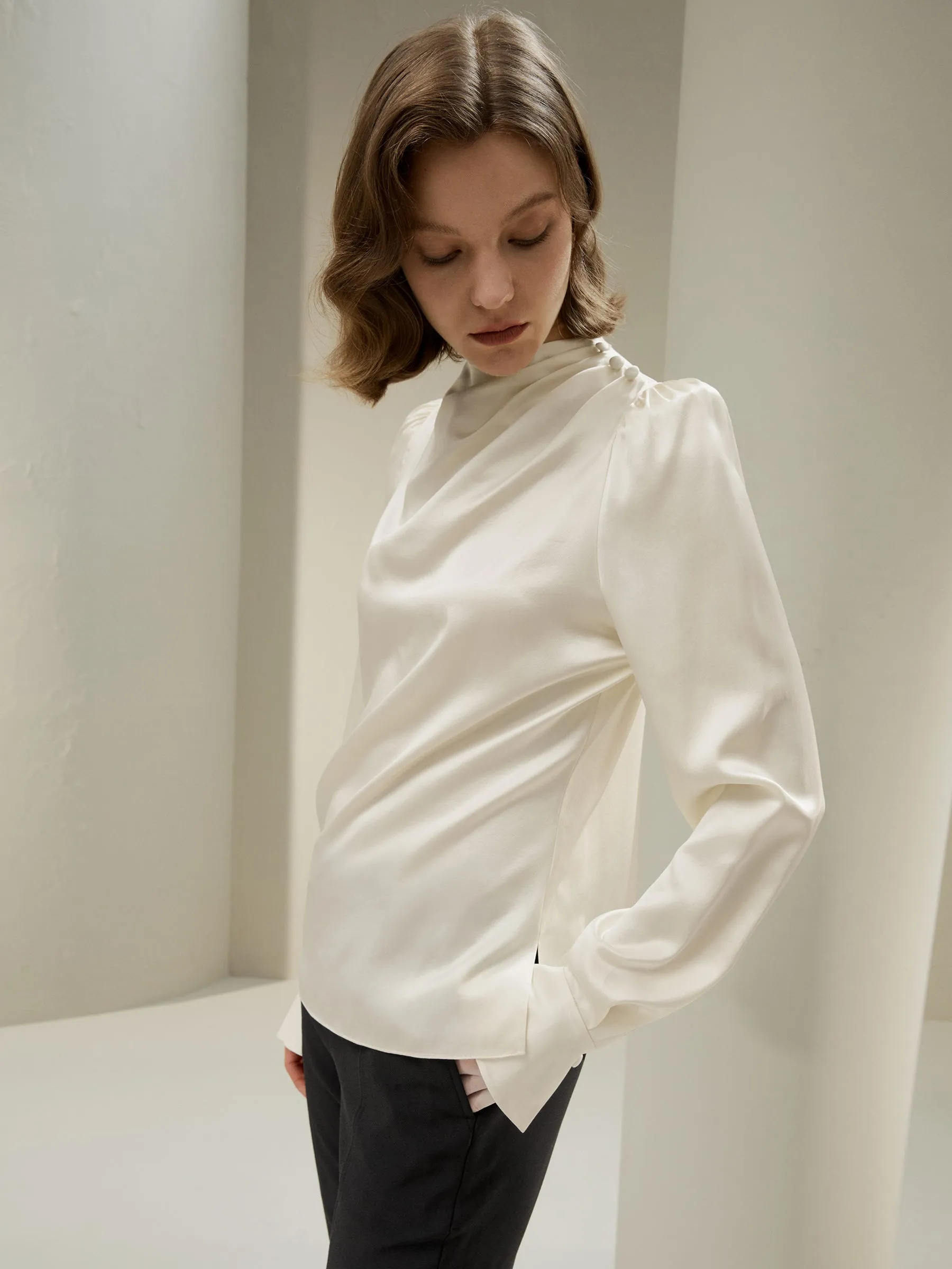 Asymmetrical Silk Blouse with Puff Sleeves for Women