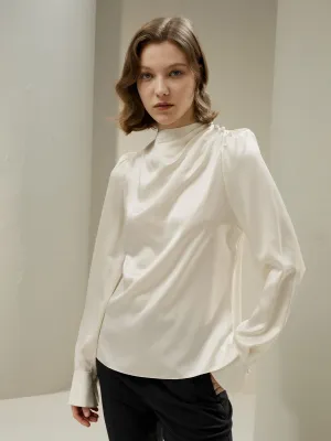 Asymmetrical Silk Blouse with Puff Sleeves for Women