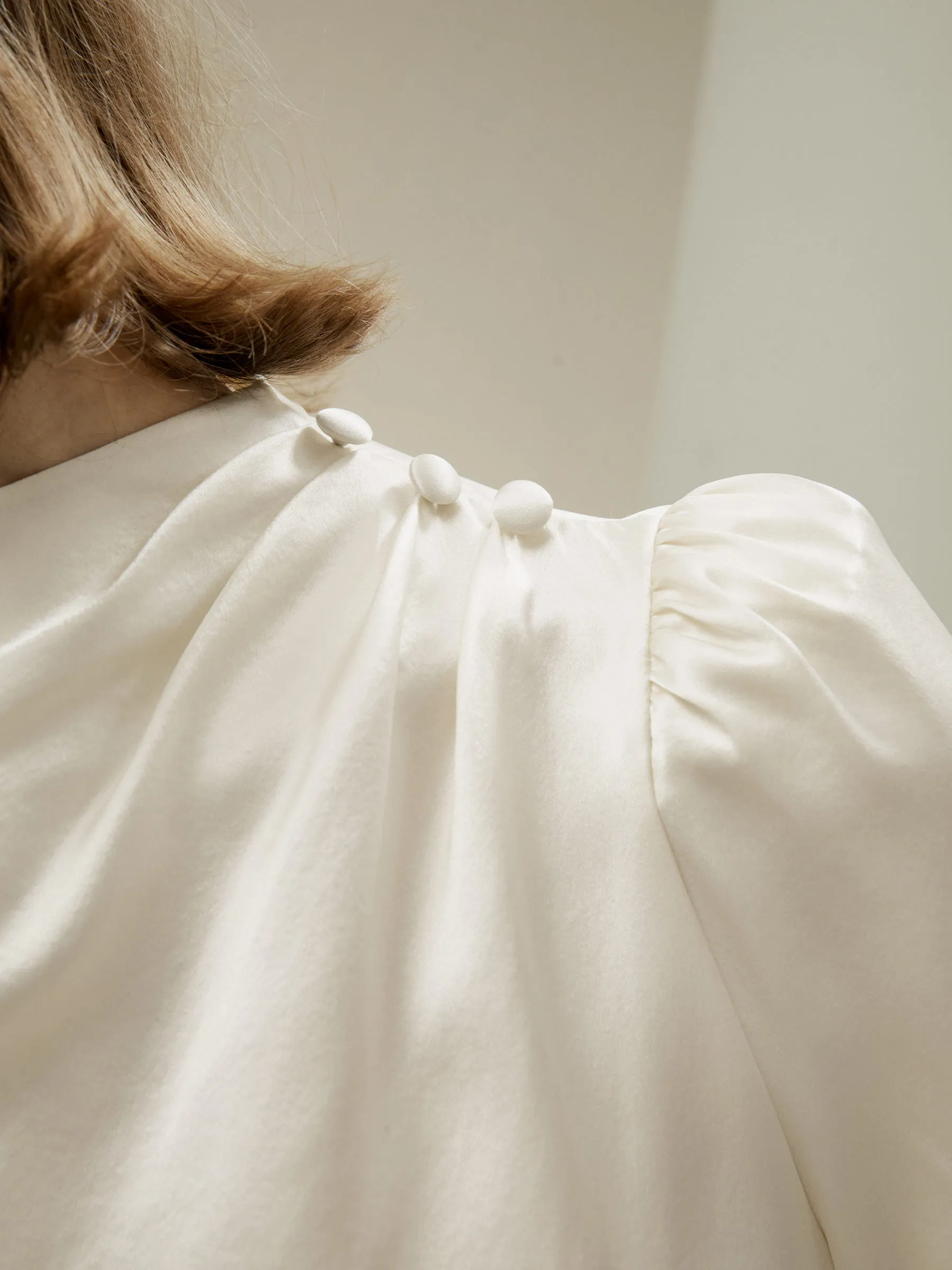 Asymmetrical Silk Blouse with Puff Sleeves for Women