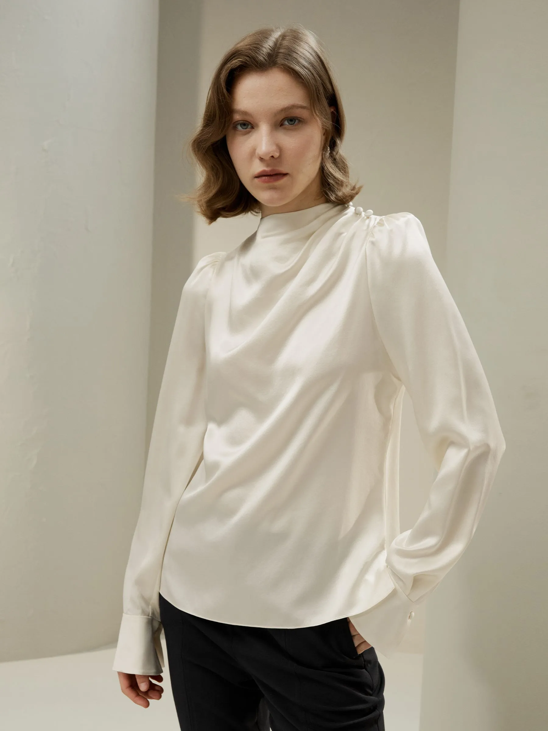 Asymmetrical Silk Blouse with Puff Sleeves for Women