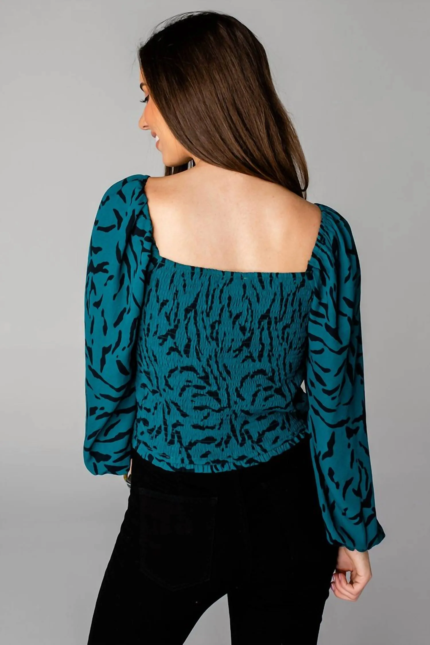 Bailey Smocked Back Top In Green / Feline