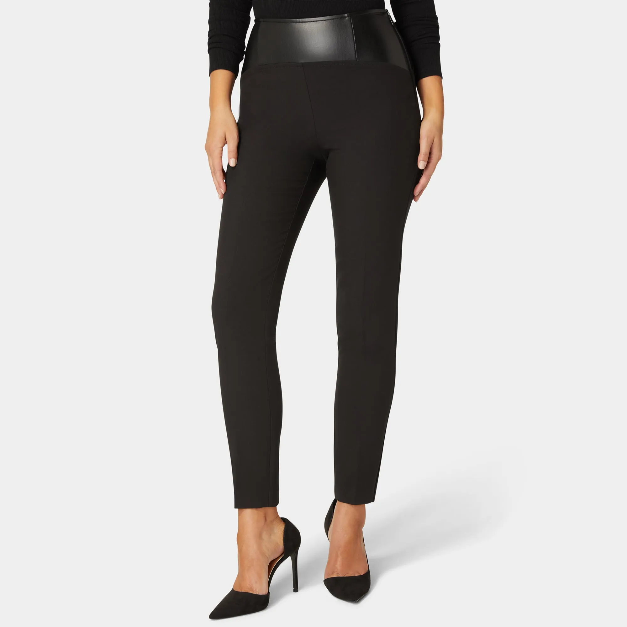 Bebe Women's High Waist Vegan Leather Yoke Woven Twill Slim Leg Pant