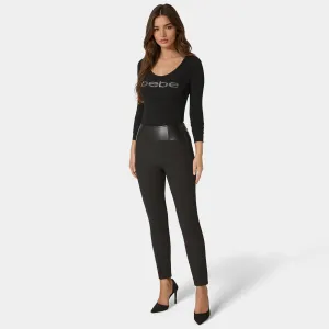 Bebe Women's High Waist Vegan Leather Yoke Woven Twill Slim Leg Pant