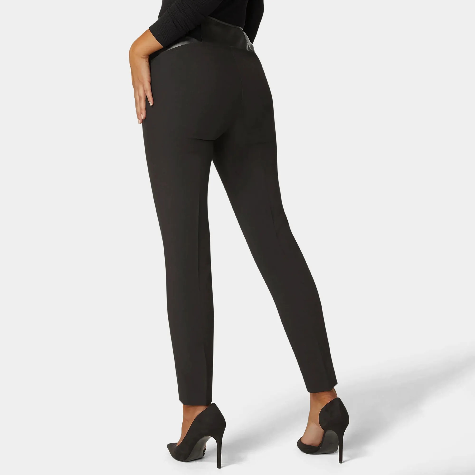 Bebe Women's High Waist Vegan Leather Yoke Woven Twill Slim Leg Pant