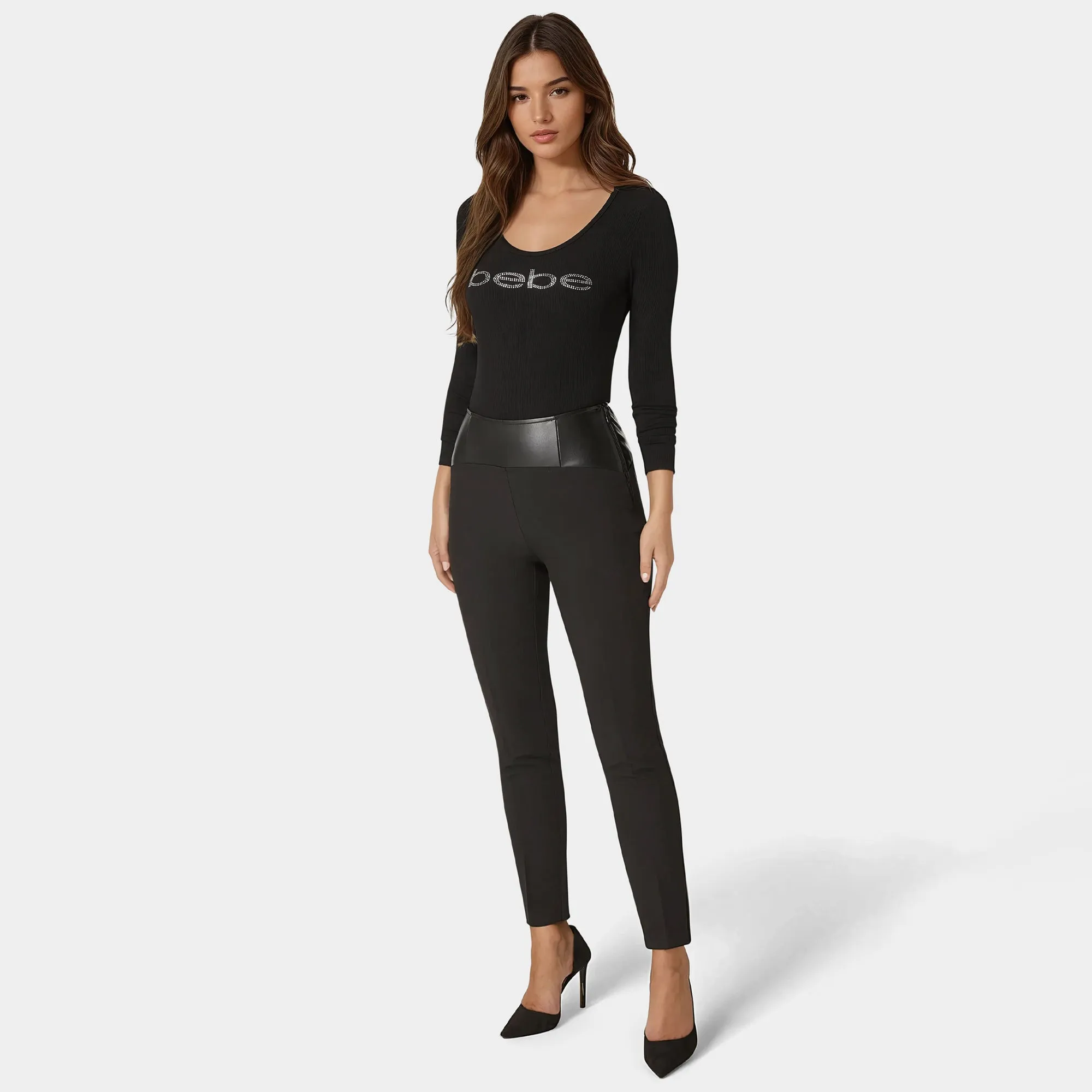 Bebe Women's High Waist Vegan Leather Yoke Woven Twill Slim Leg Pant