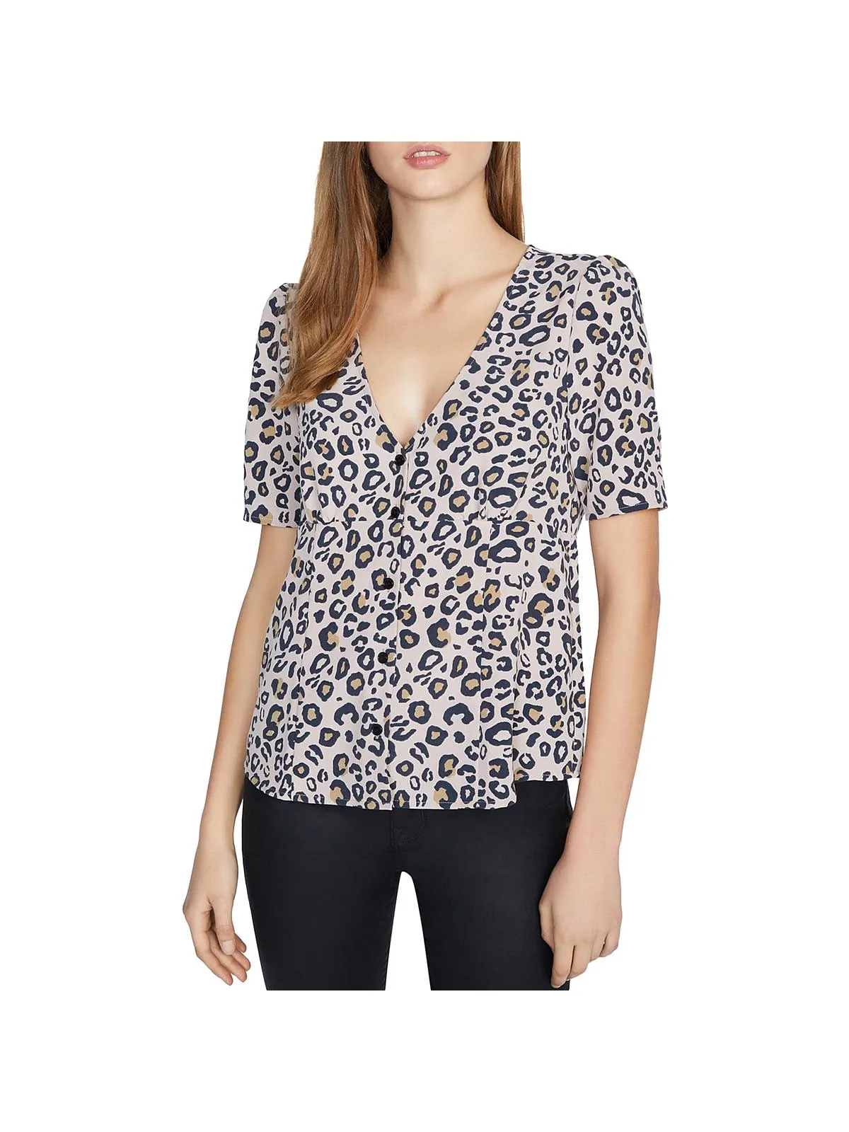Birdie Womens Animal Print Peplum Button-Down Top