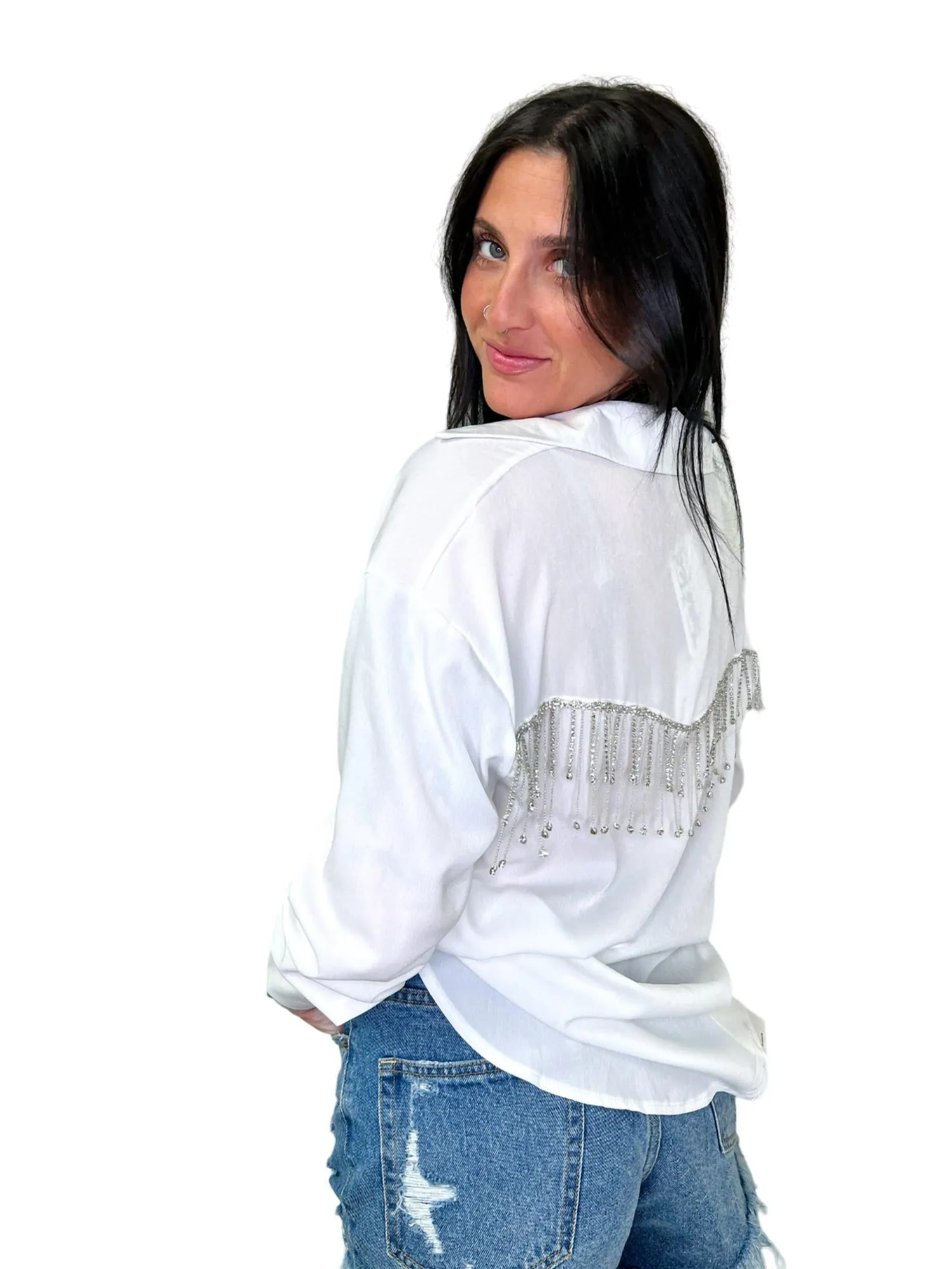 Bonnie Rhinestone Fringe Top In White