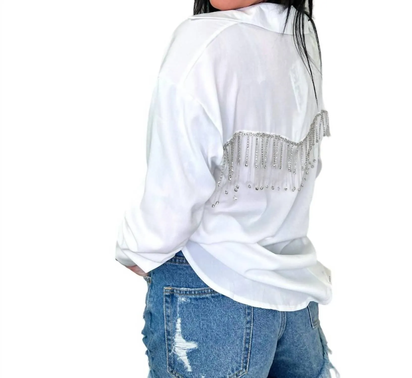 Bonnie Rhinestone Fringe Top In White