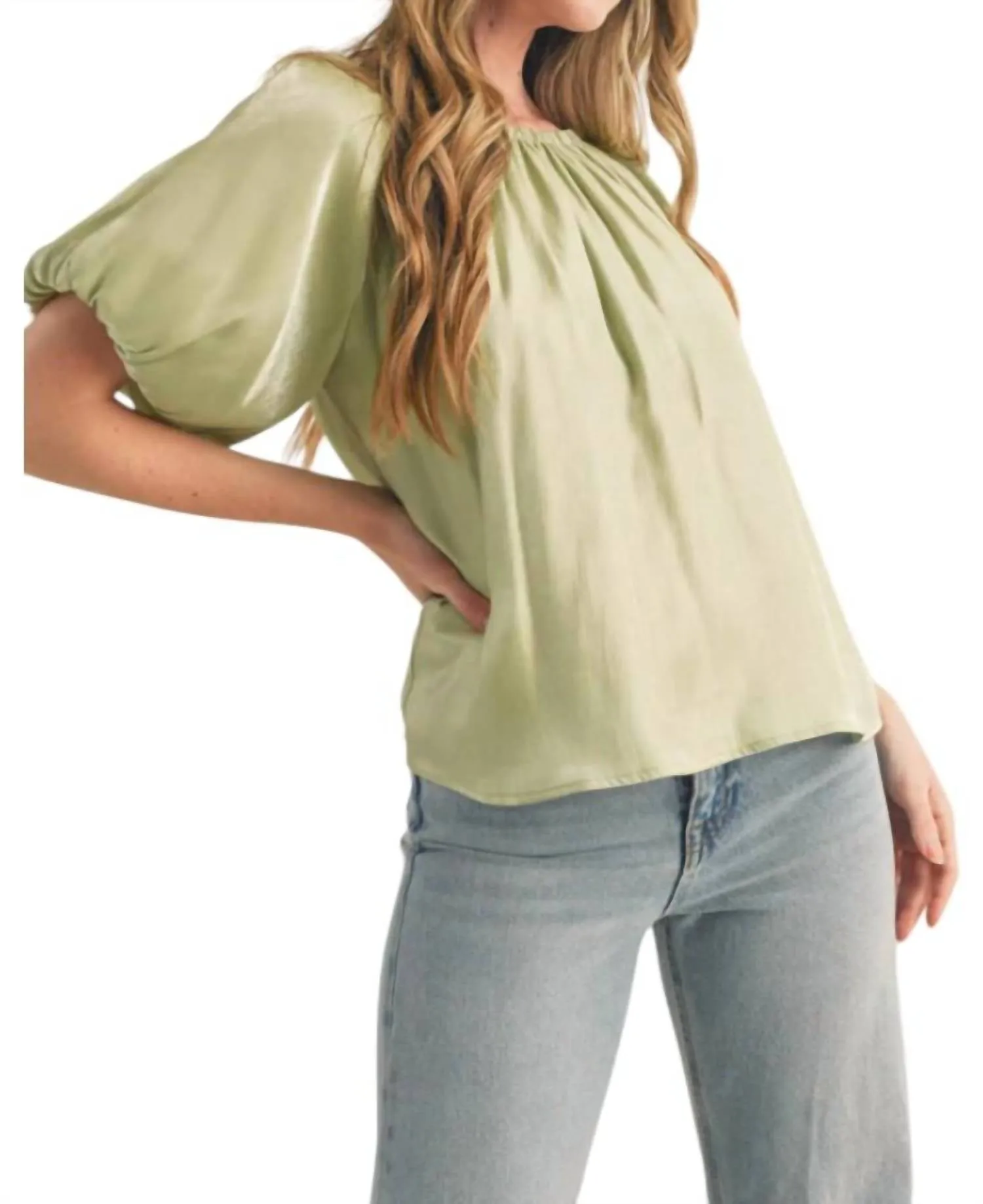 Bubble Sleeve Babydoll Top In Lime