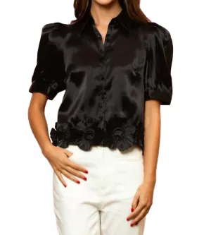 Button Down Shirt With Flower Applique In Black