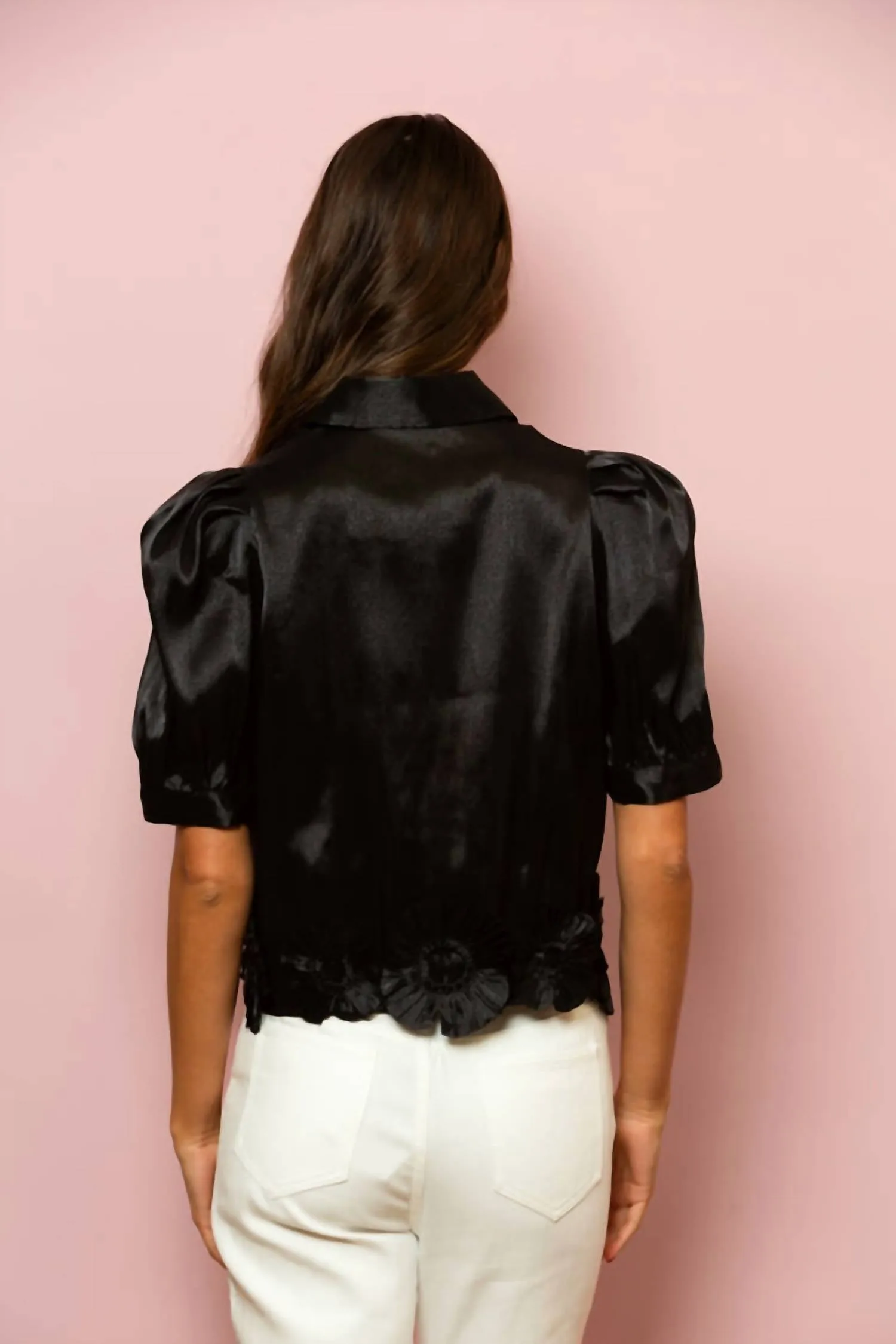 Button Down Shirt With Flower Applique In Black