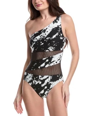 Carmen Marc Valvo Spliced One-Shoulder One-Piece