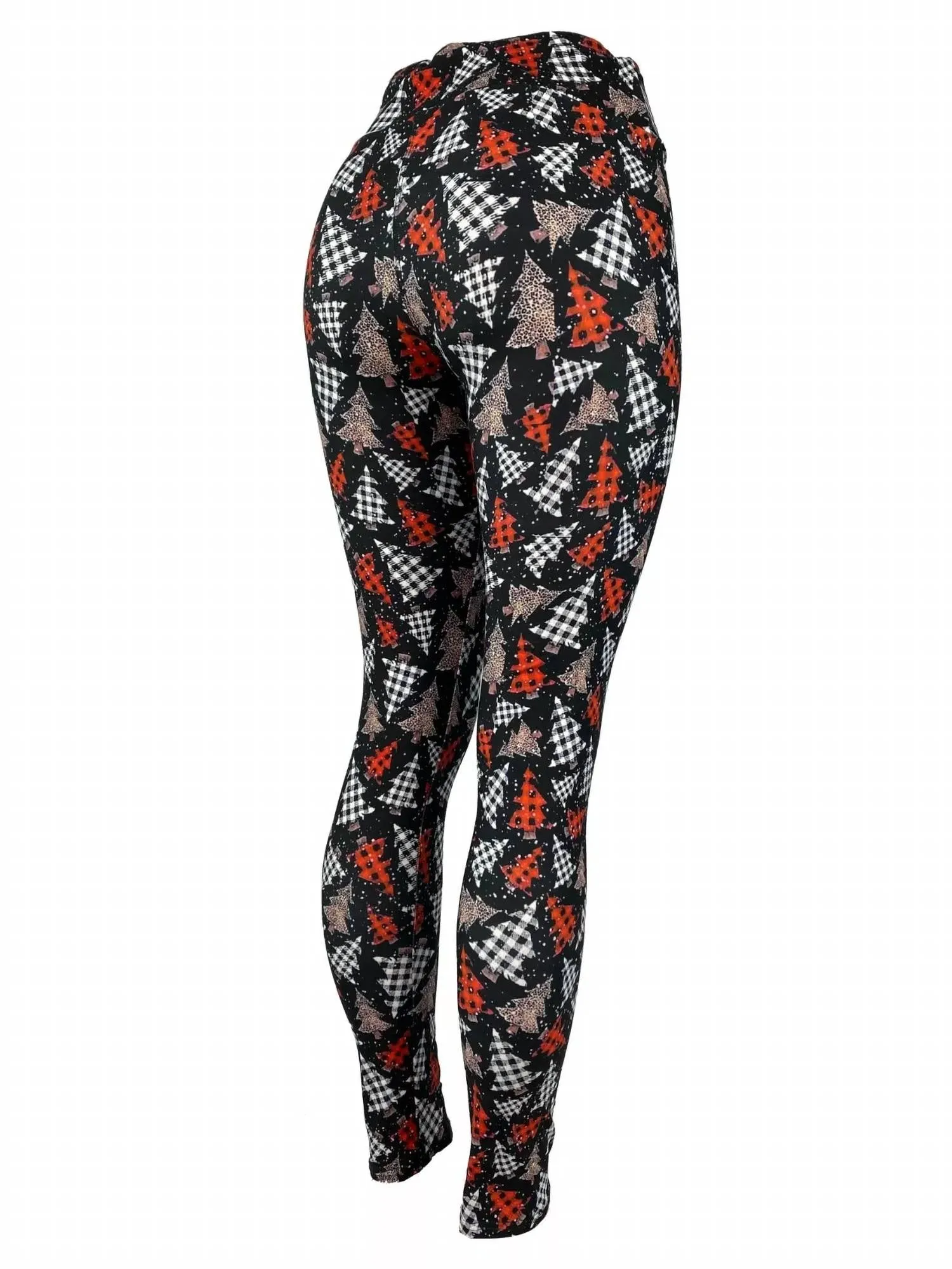 Christmas Tree Plaid & Leopard Print Leggings In Black