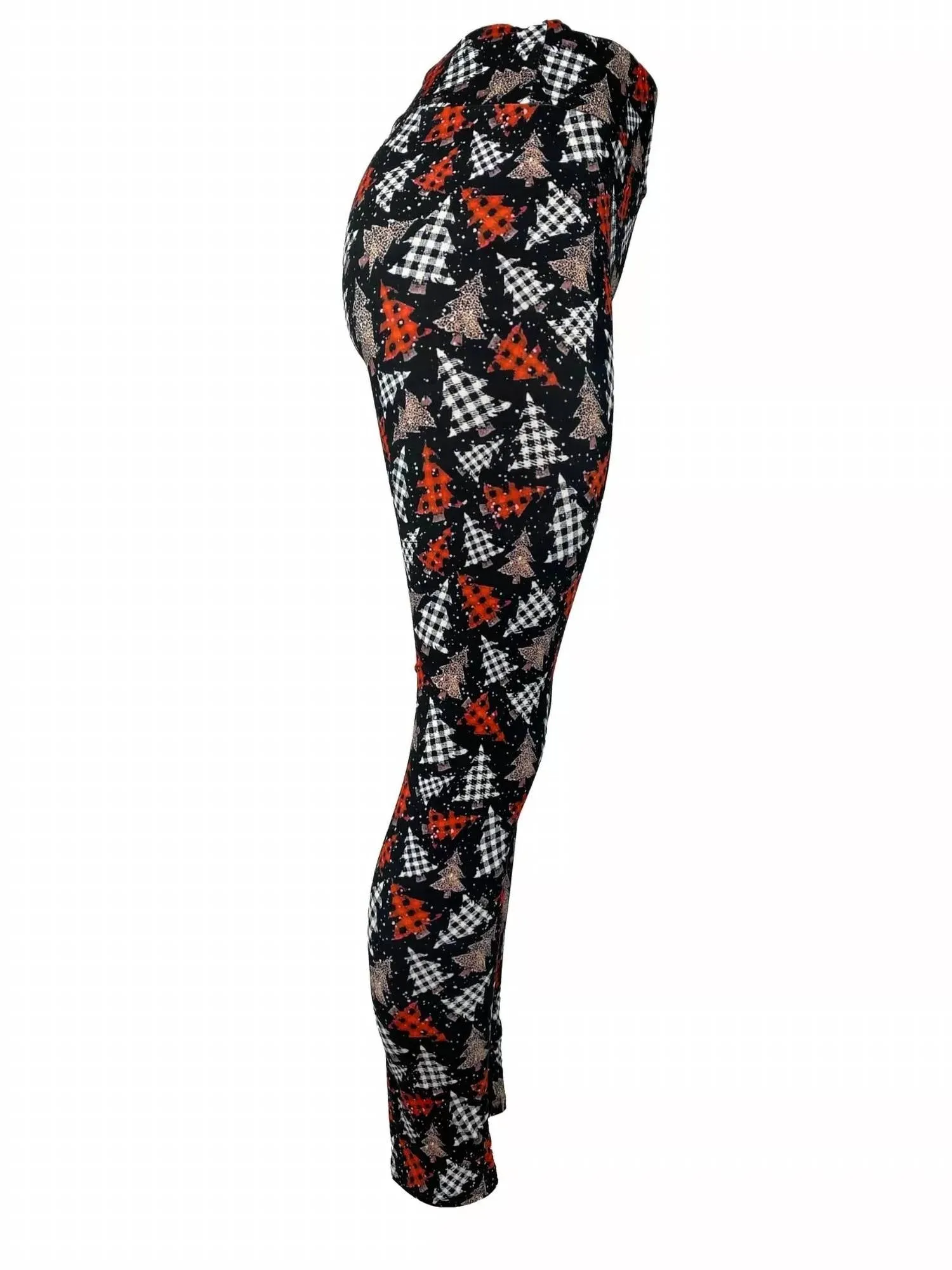 Christmas Tree Plaid & Leopard Print Leggings In Black