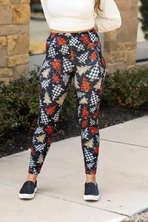 Christmas Tree Plaid & Leopard Print Leggings In Black