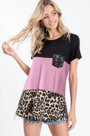 Color Block Leopard Top In Mauve