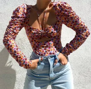 Coppelia Cutout Slinky Knit Bodysuit In Fall Meadow Ditsy