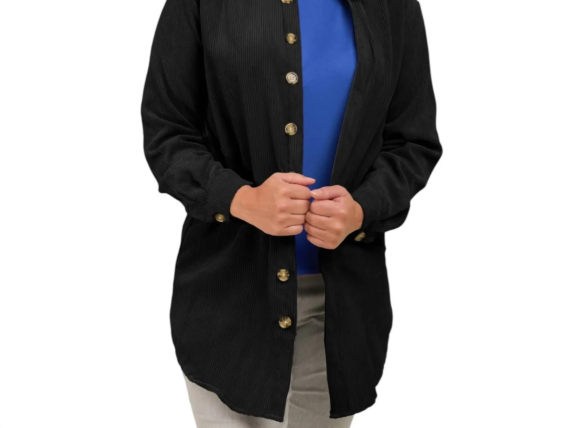 Corduroy Button Front Shacket In Black