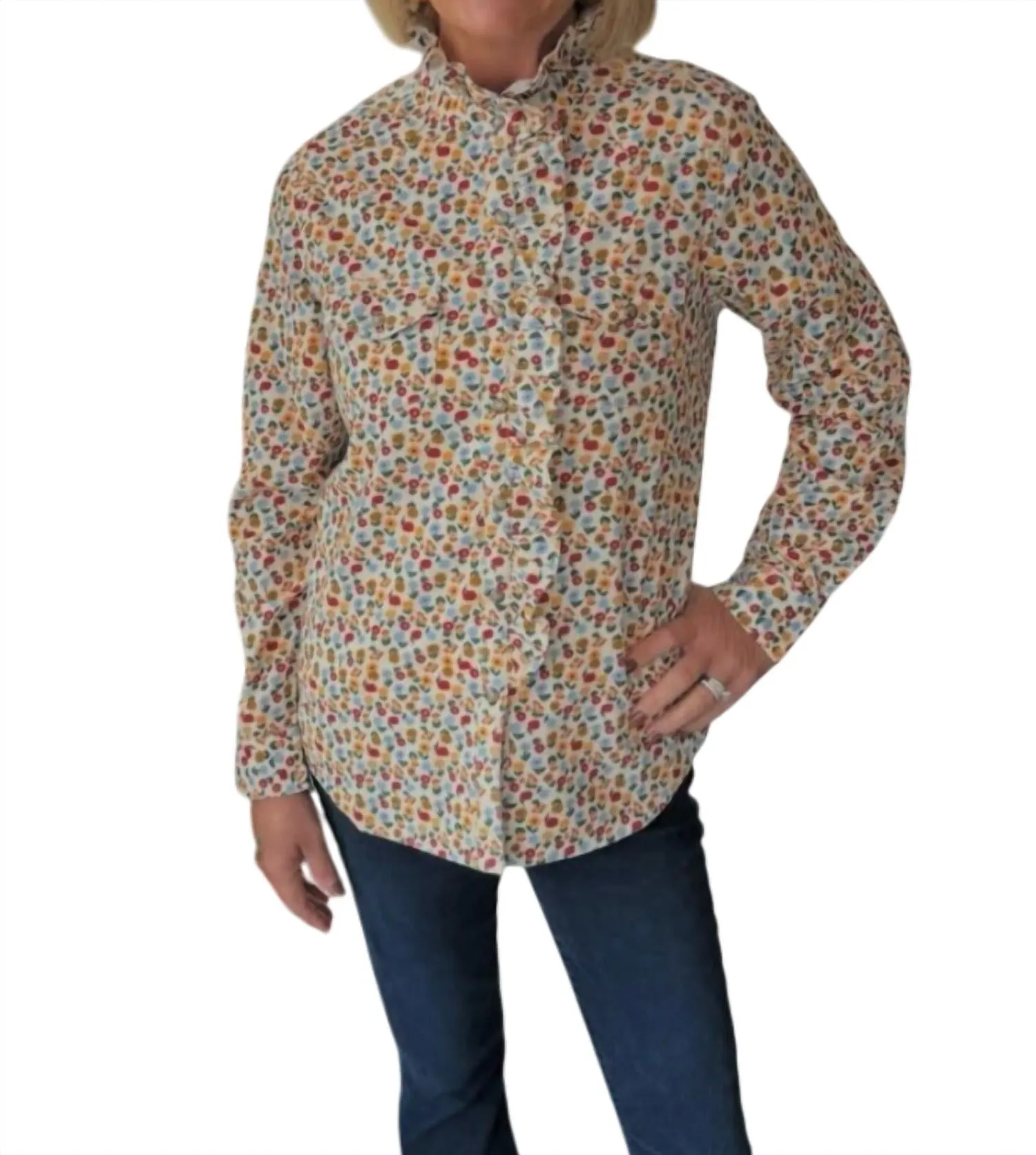 Corduroy Snap Ruffle Front Top In Cream Floral Print