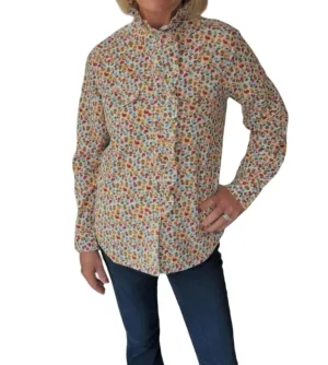 Corduroy Snap Ruffle Front Top In Cream Floral Print