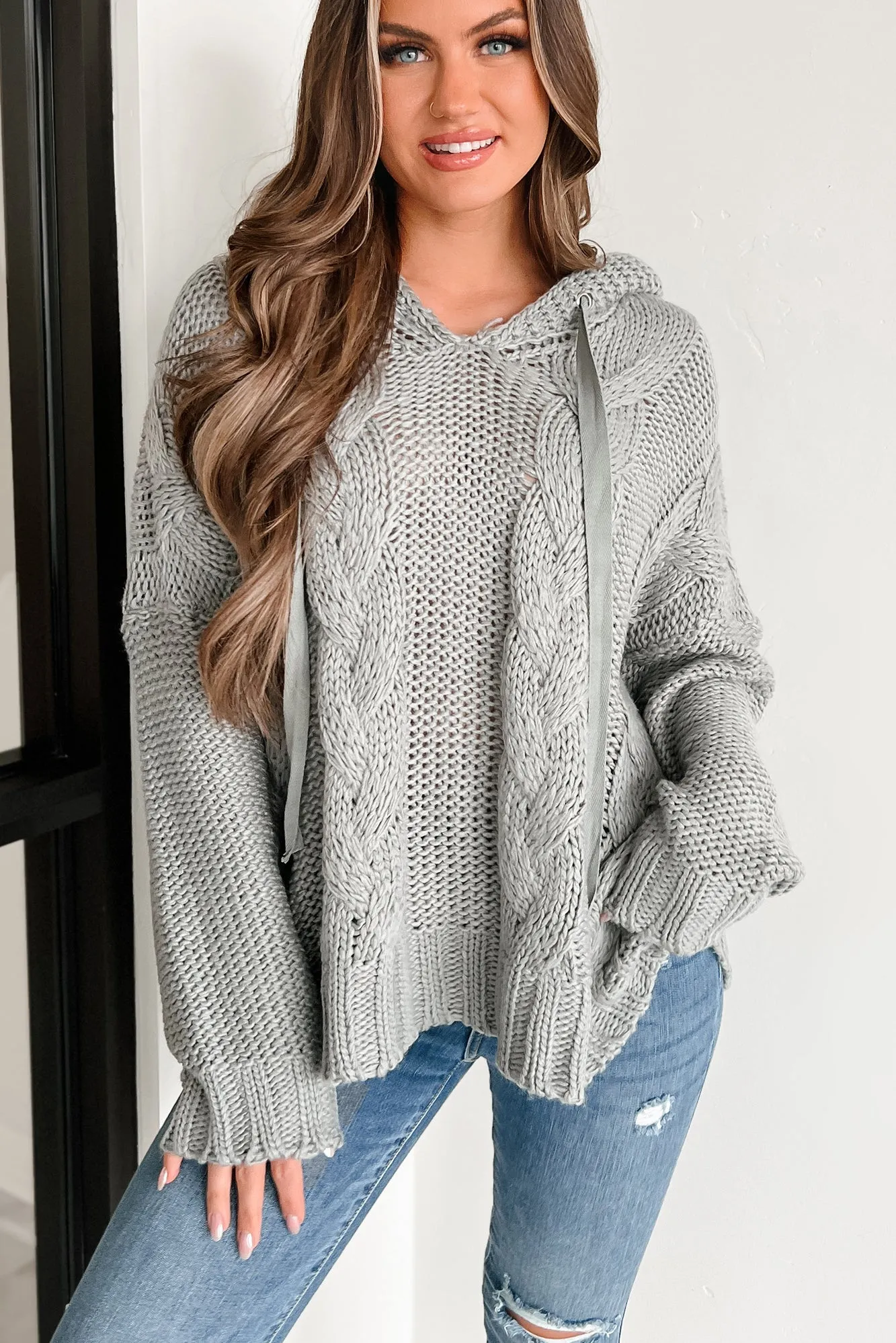 Creating Something New Cable Knit Sweater Hoodie (Grey)