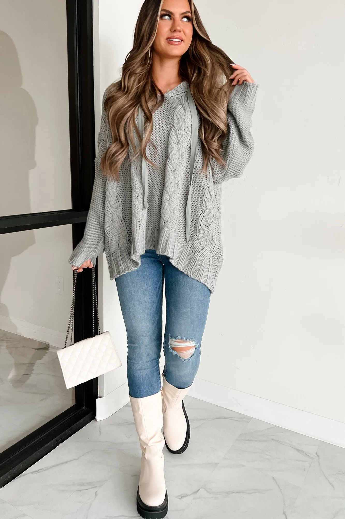 Creating Something New Cable Knit Sweater Hoodie (Grey)