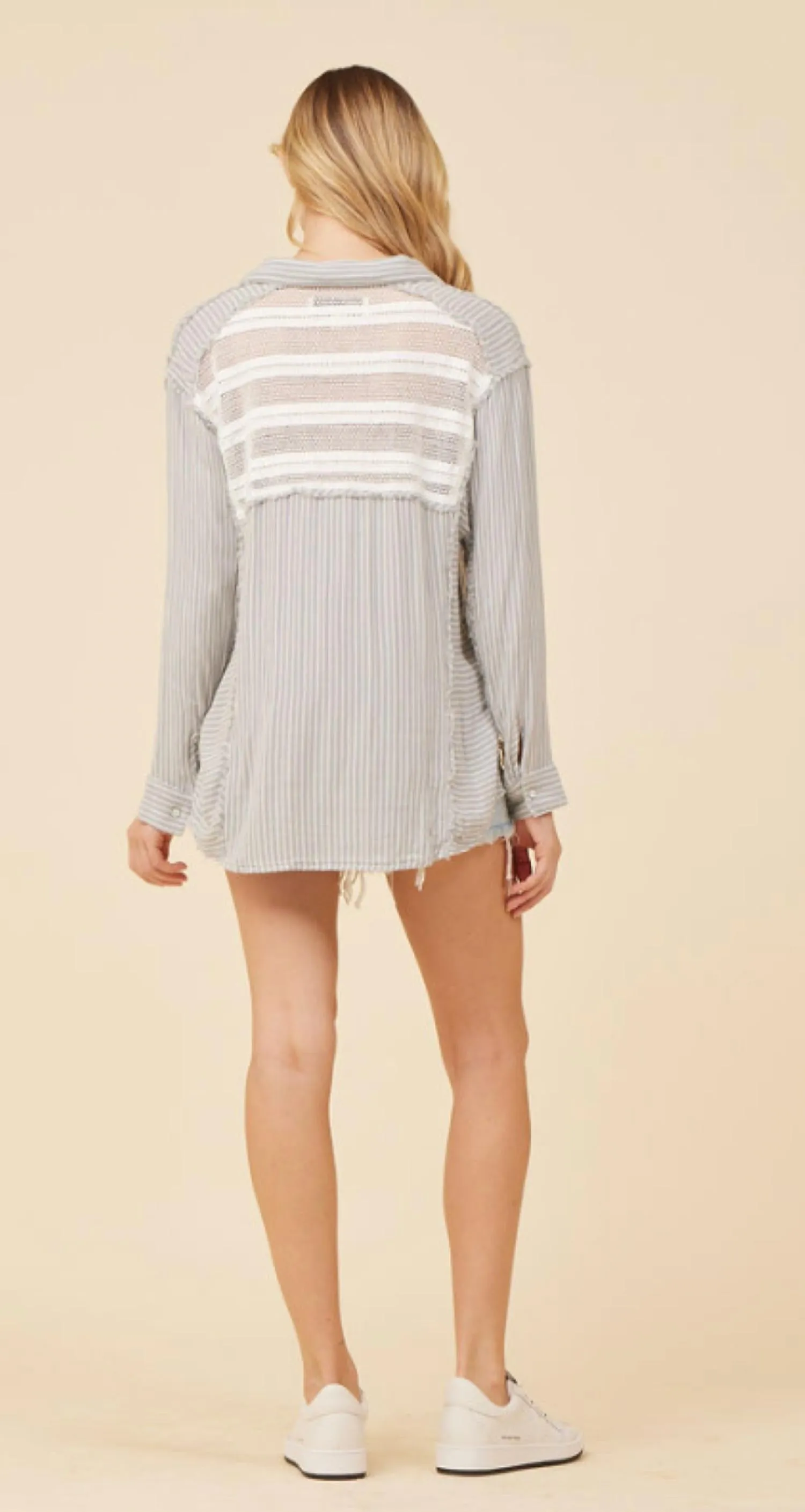 Crochet Button Front Shirt In Denim/white Stripe