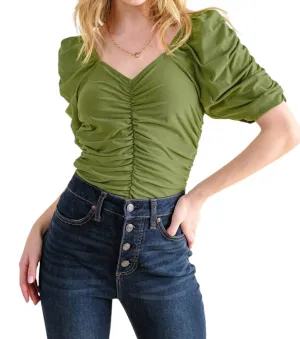 Dollywood Ruched Detailed Jersey Bodysuit In Green