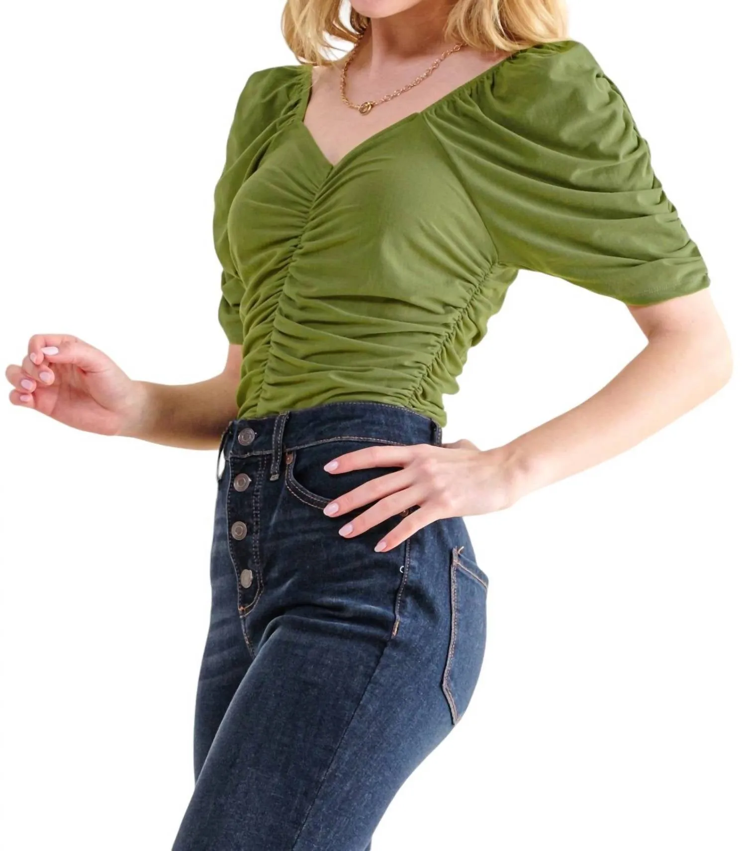 Dollywood Ruched Detailed Jersey Bodysuit In Green