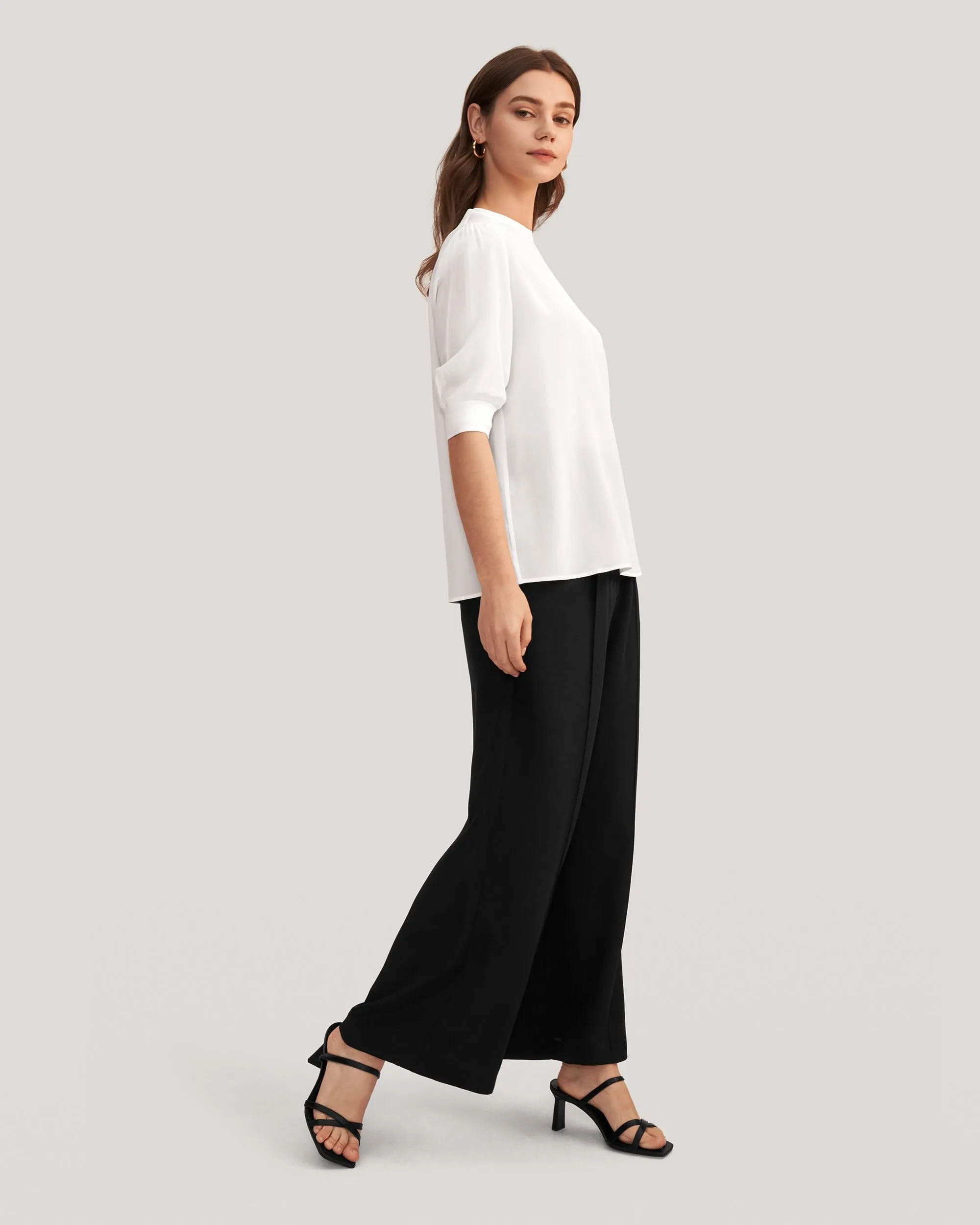 Elegant Casual Silk Tee With Rib Cuff for Women