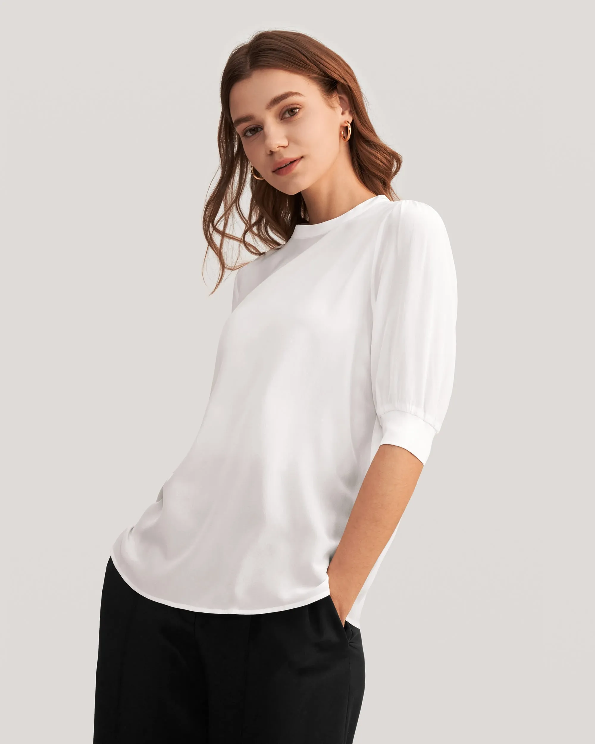 Elegant Casual Silk Tee With Rib Cuff for Women