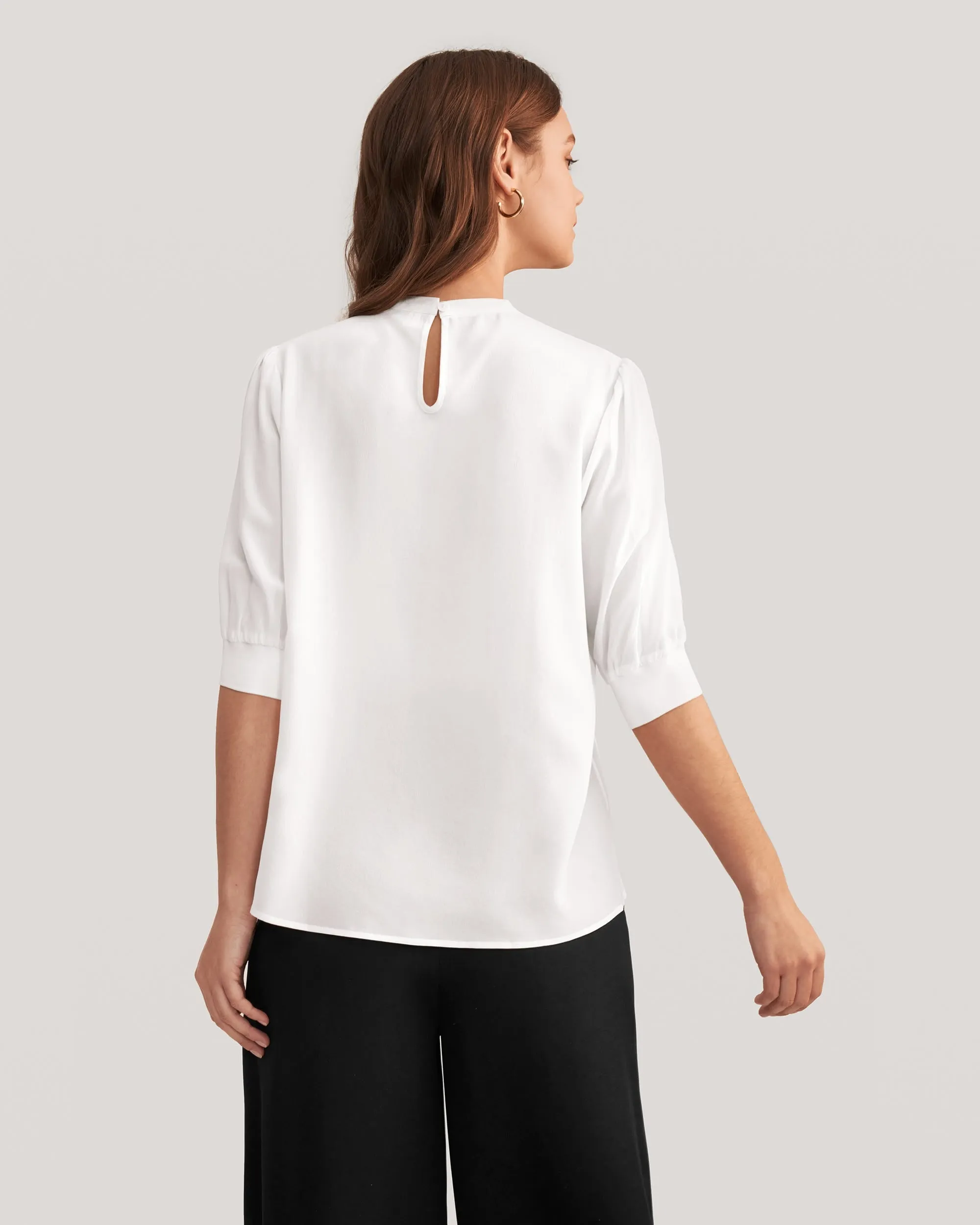 Elegant Casual Silk Tee With Rib Cuff for Women
