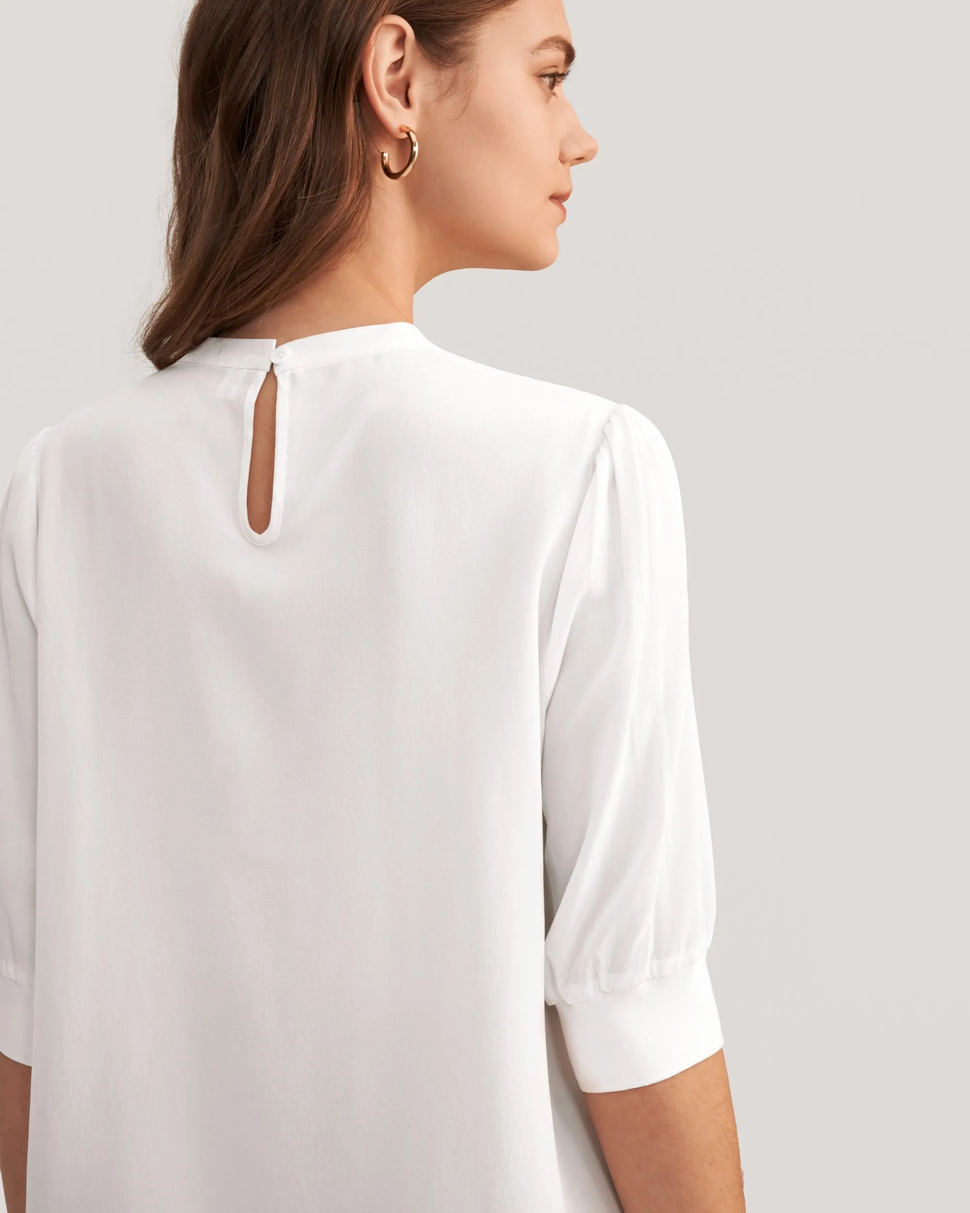 Elegant Casual Silk Tee With Rib Cuff for Women