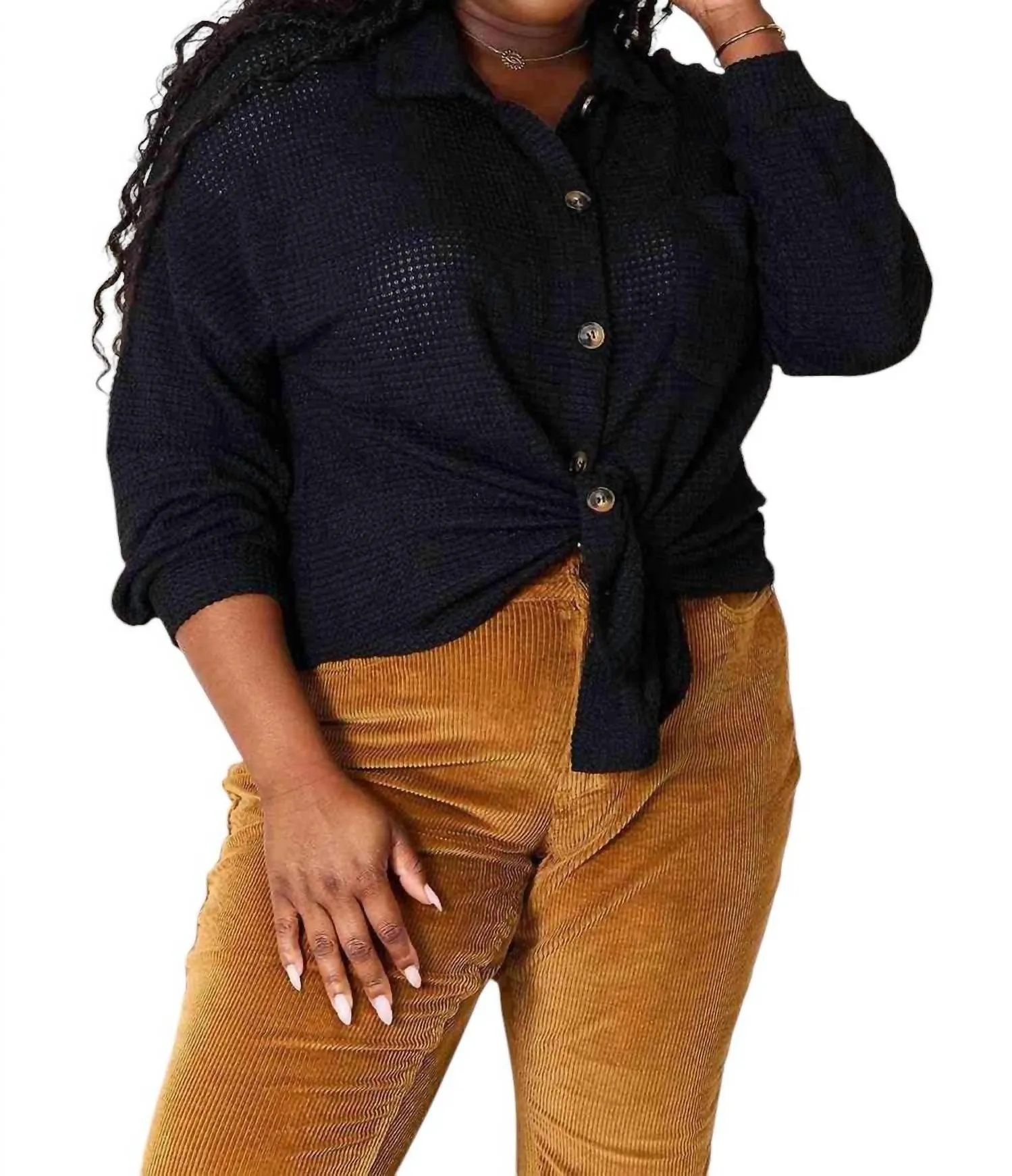 Elegant Waffle-Knit Collared Shirt In Black