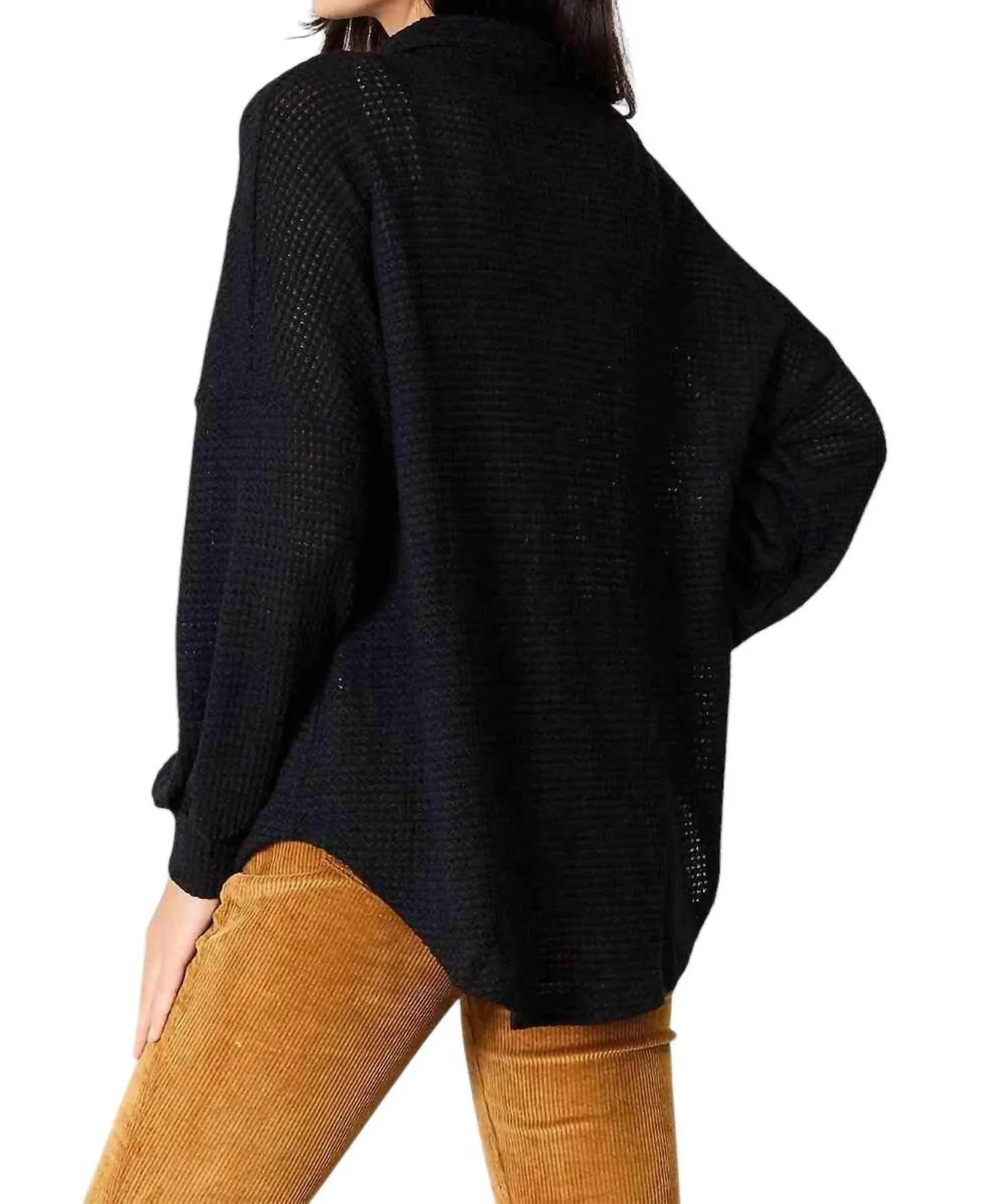 Elegant Waffle-Knit Collared Shirt In Black