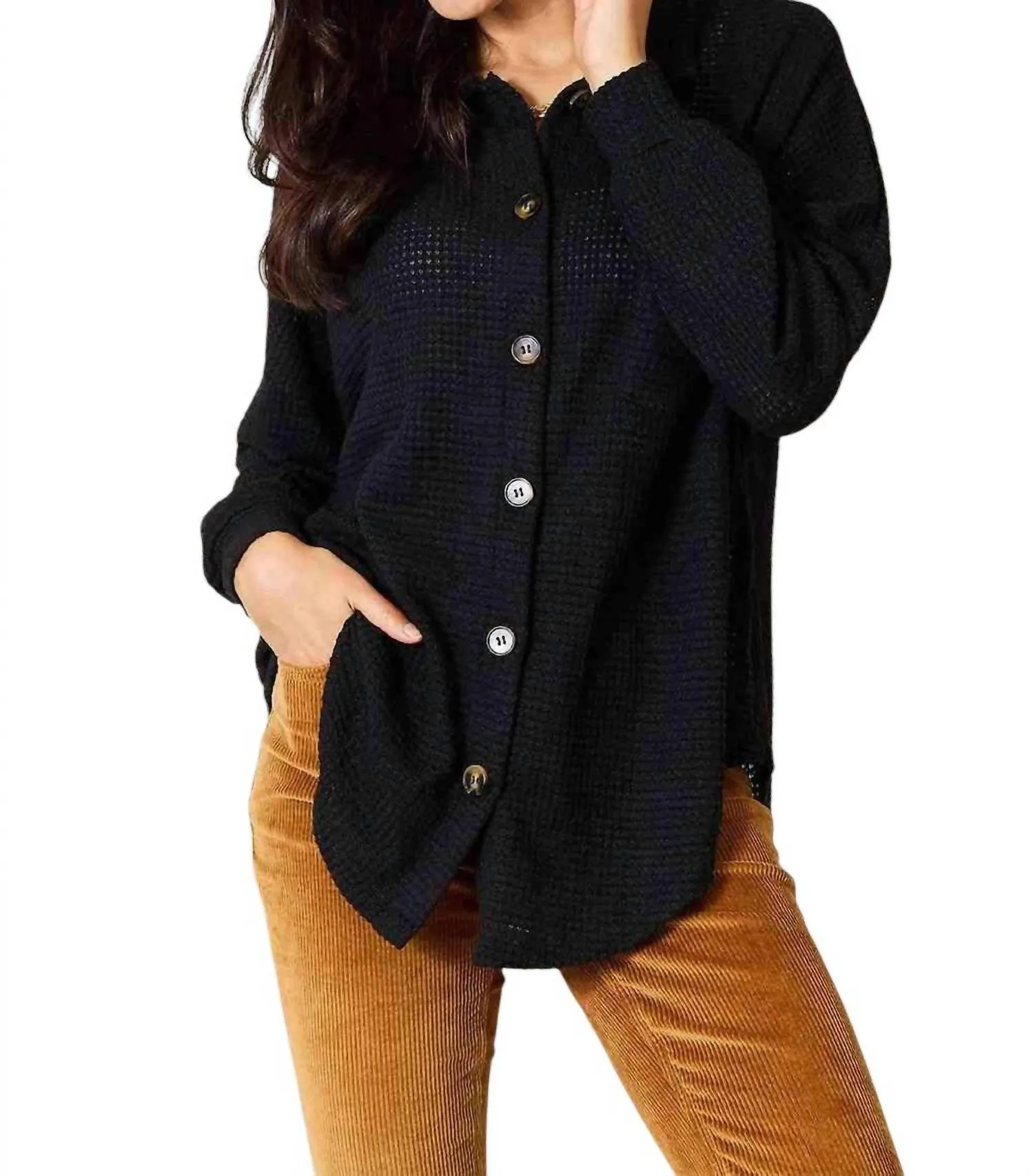 Elegant Waffle-Knit Collared Shirt In Black