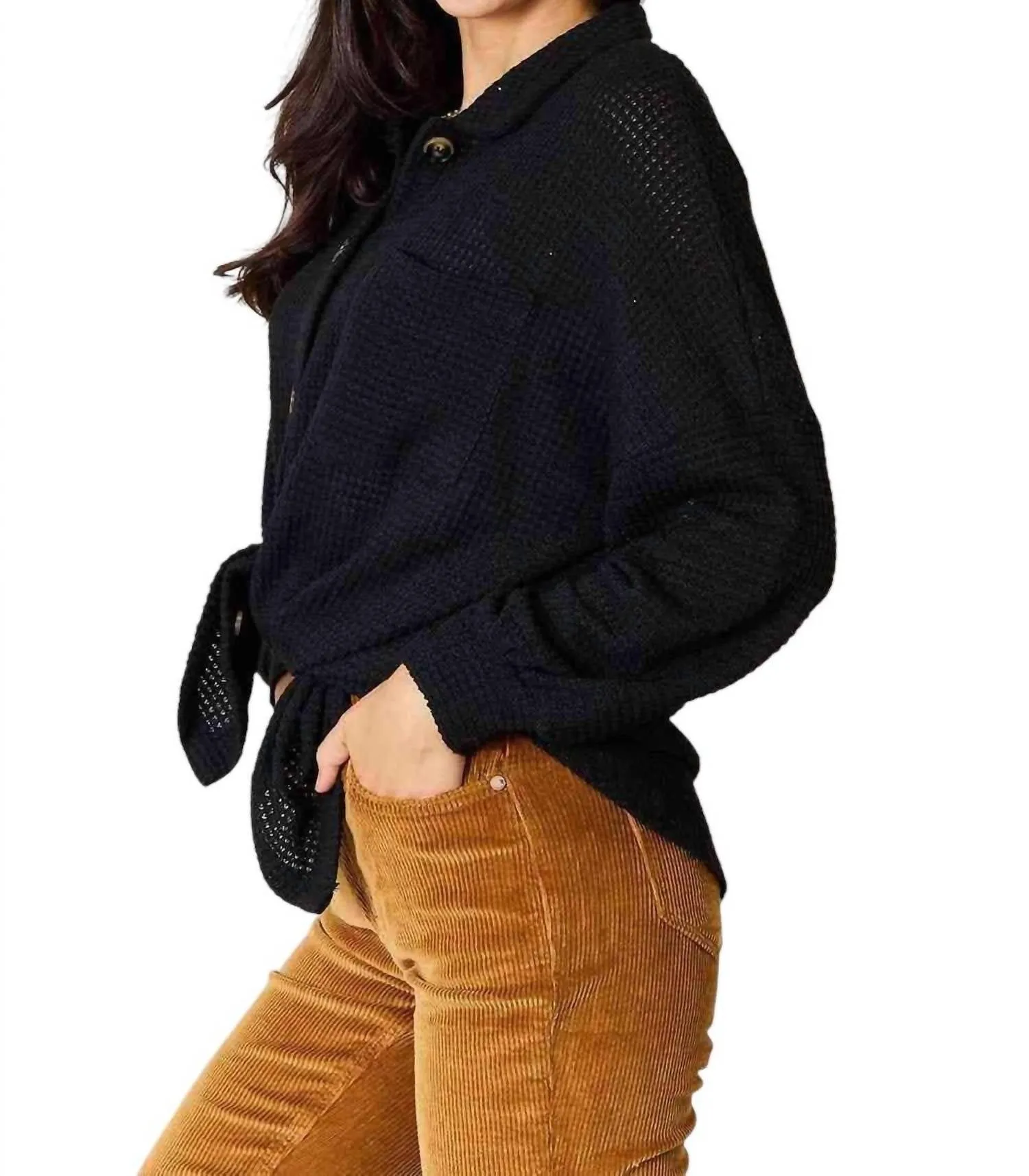 Elegant Waffle-Knit Collared Shirt In Black
