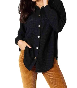 Elegant Waffle-Knit Collared Shirt In Black