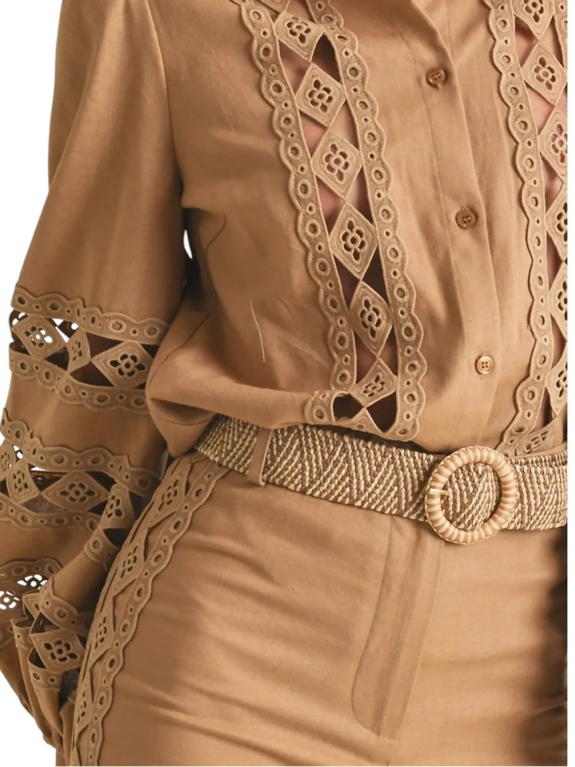 Embroidered Lace Pants In Tan