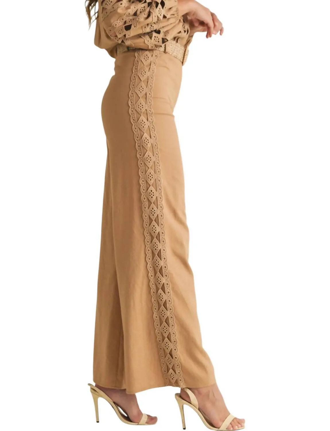 Embroidered Lace Pants In Tan