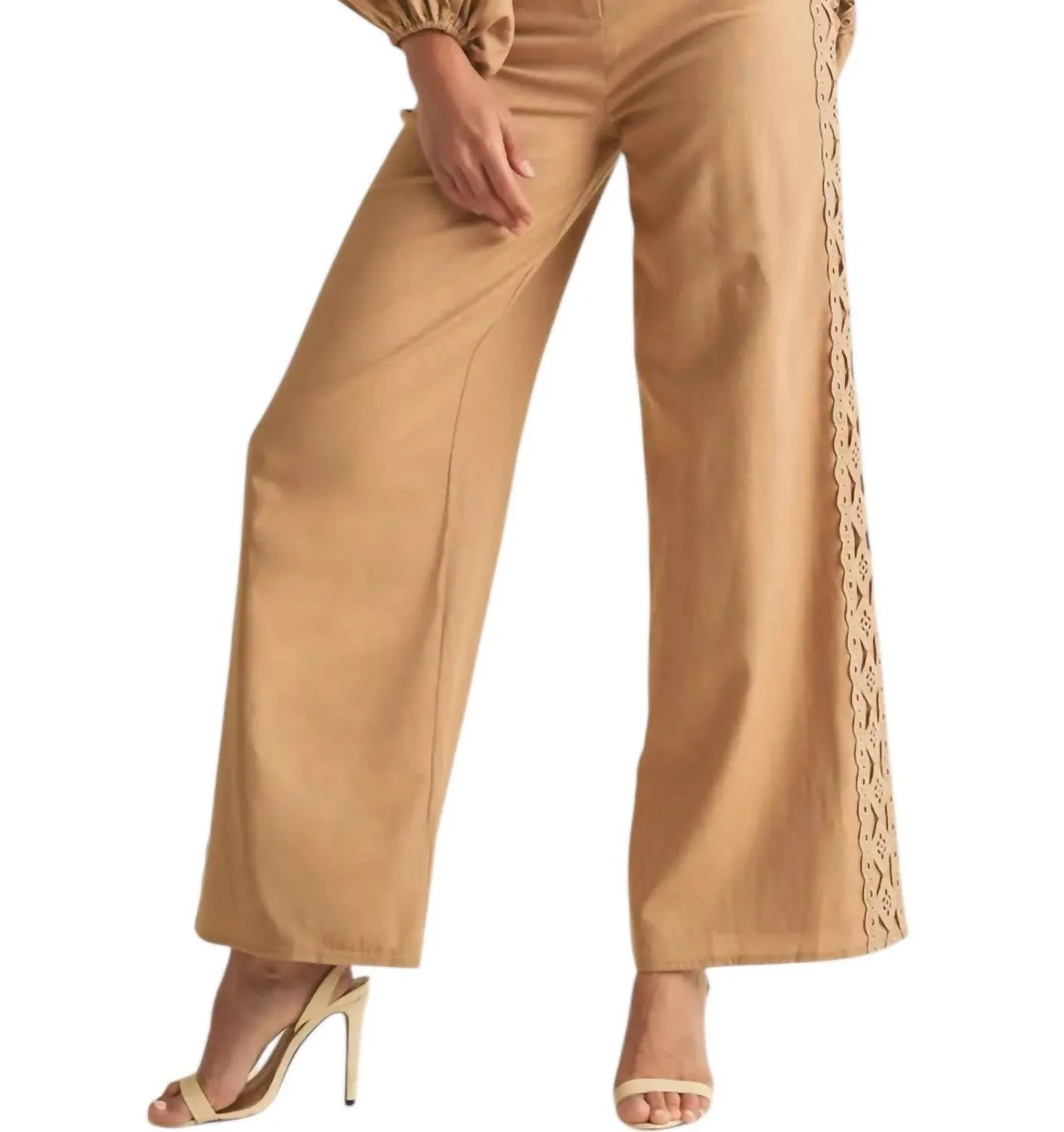 Embroidered Lace Pants In Tan