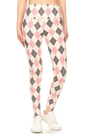 FASHNZFAB 5-inch Long Yoga Style Banded Lined Argyle Printed Knit Legging With High Waist