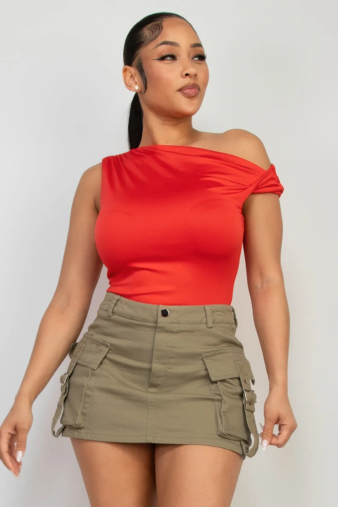 FASHNZFAB Women's One-shoulder Twisted Detail Silky Top