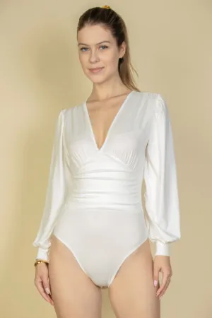 FASHNZFAB Women's Plunge Neck Peasant Sleeve Bodysuit