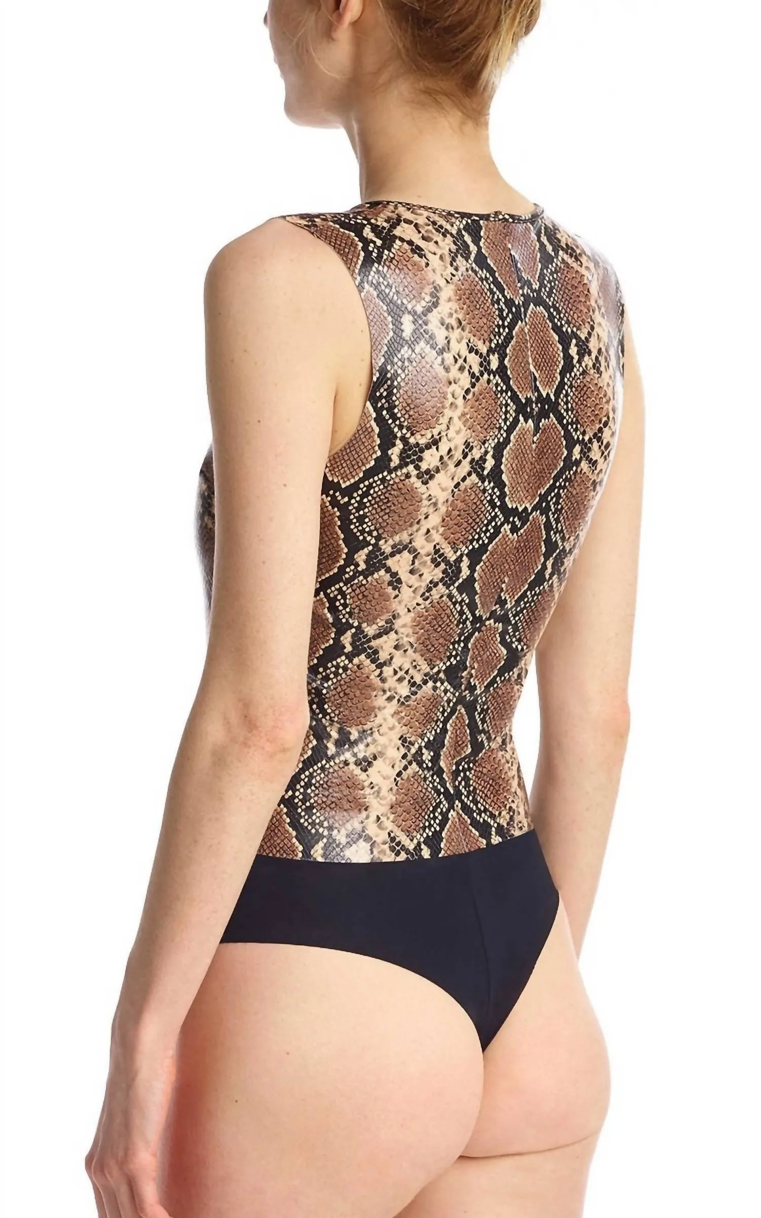 Faux Leather Animal V-Neck Bodysuit In Snake